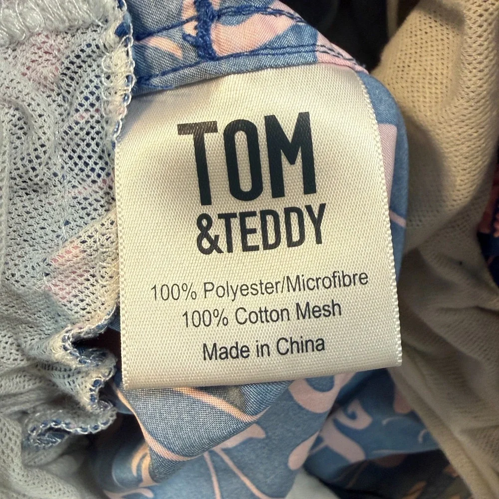 Tom & Teddy Men Swim Trunks Shorts w/Liner Sz M Blue Pink Flamingos 5.5